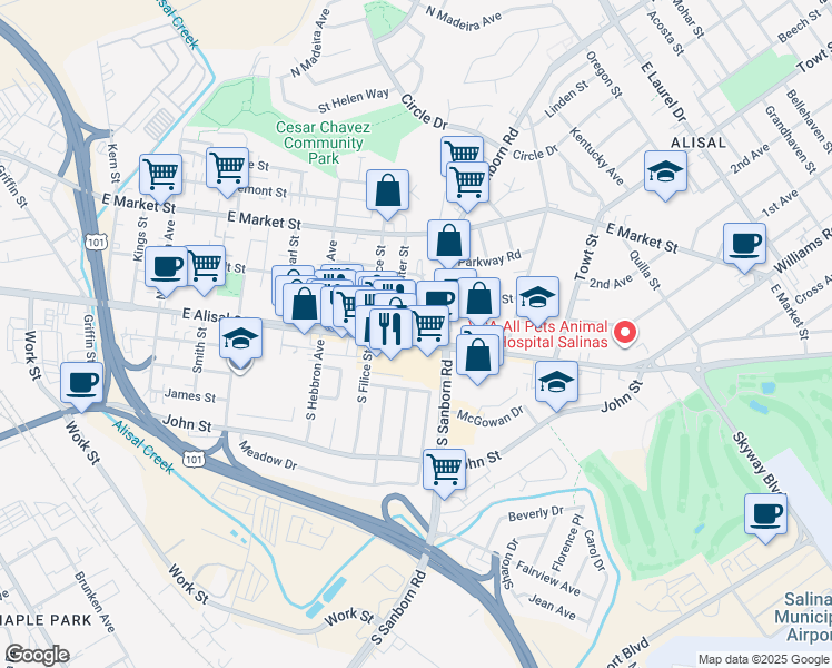 map of restaurants, bars, coffee shops, grocery stores, and more near 10 Holaday Avenue in Salinas