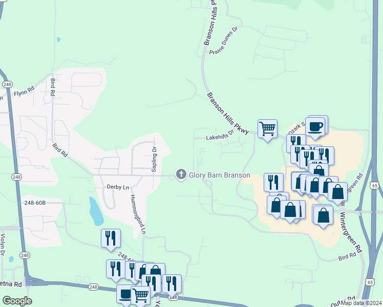 map of restaurants, bars, coffee shops, grocery stores, and more near 213 Stillwood Lane in Branson