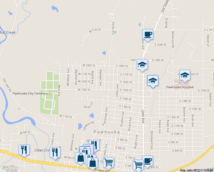 map of restaurants, bars, coffee shops, grocery stores, and more near 1515 Grandview Avenue in Pawhuska