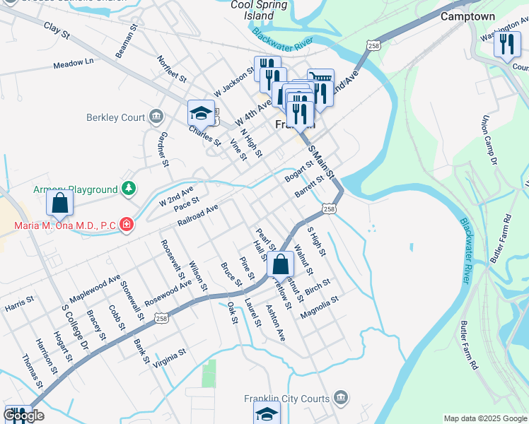 map of restaurants, bars, coffee shops, grocery stores, and more near 400 Barrett Street in Franklin