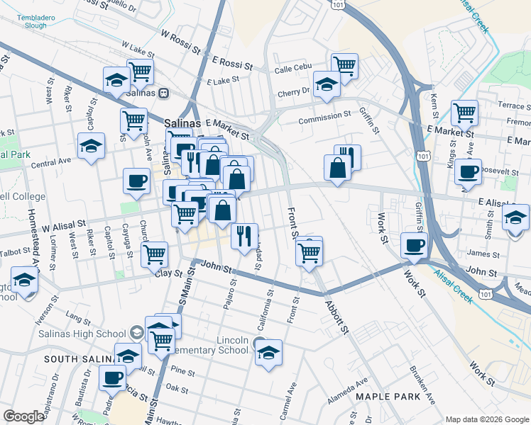map of restaurants, bars, coffee shops, grocery stores, and more near 325 California Street in Salinas