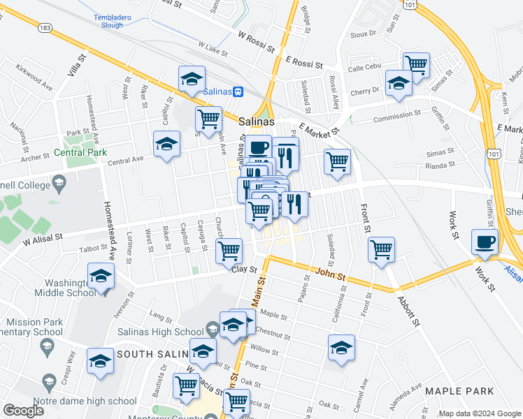 map of restaurants, bars, coffee shops, grocery stores, and more near 307 Main Street in Salinas