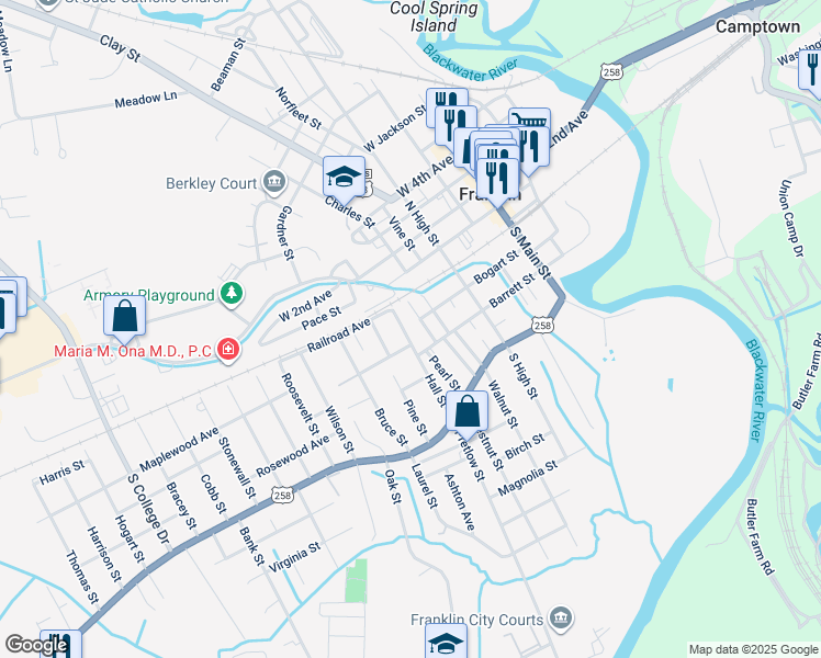 map of restaurants, bars, coffee shops, grocery stores, and more near 207 Hall Street in Franklin