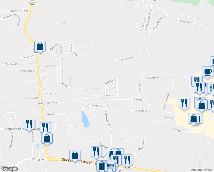map of restaurants, bars, coffee shops, grocery stores, and more near 151 Sapling Drive in Branson