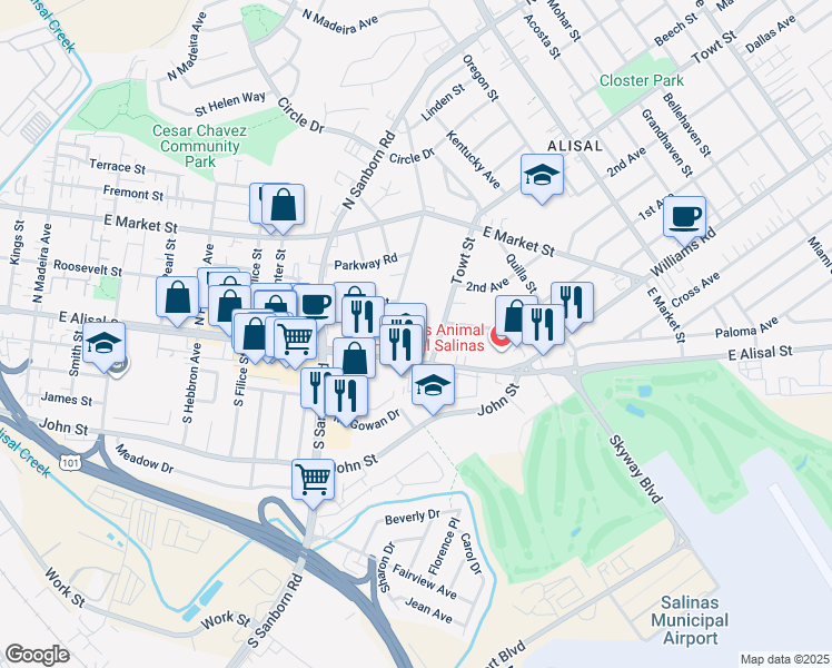 map of restaurants, bars, coffee shops, grocery stores, and more near 1155 East Alisal Street in Salinas