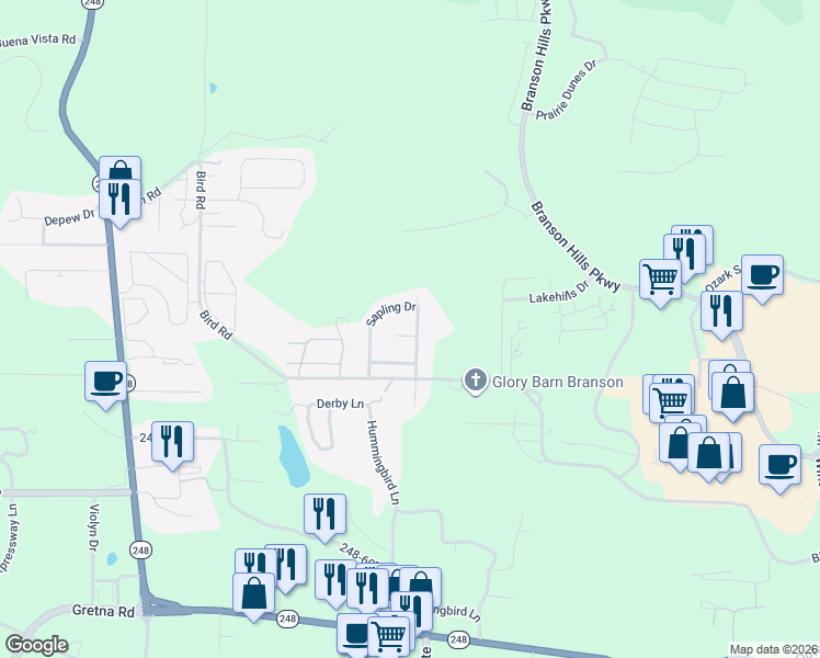map of restaurants, bars, coffee shops, grocery stores, and more near 101 Tannin Trace Road in Branson