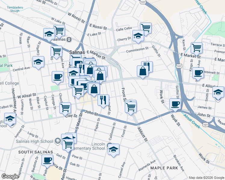 map of restaurants, bars, coffee shops, grocery stores, and more near 325 California Street in Salinas