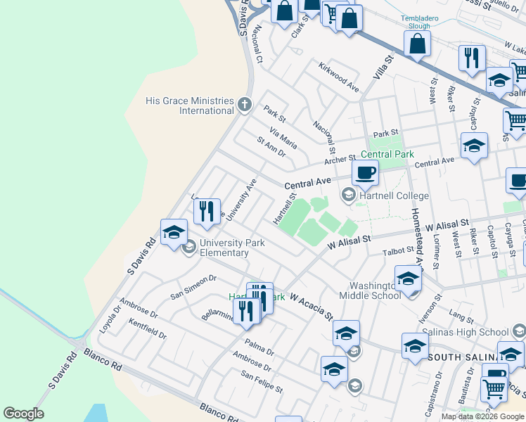 map of restaurants, bars, coffee shops, grocery stores, and more near 644 Campus Ave in Salinas