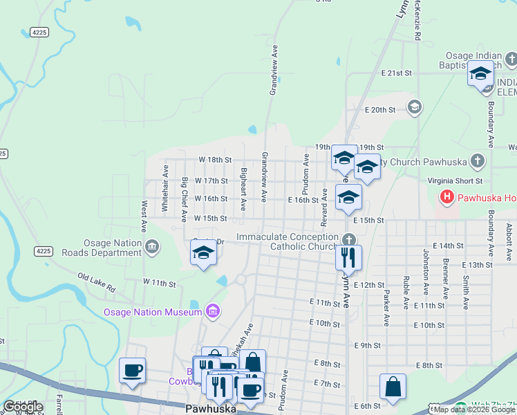 map of restaurants, bars, coffee shops, grocery stores, and more near 1515 Grandview Avenue in Pawhuska