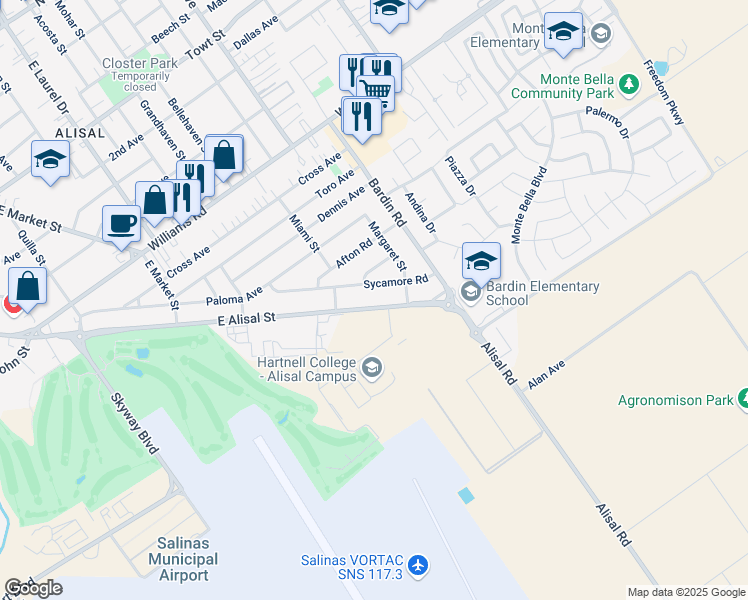 map of restaurants, bars, coffee shops, grocery stores, and more near 1735 East Alisal Street in Salinas