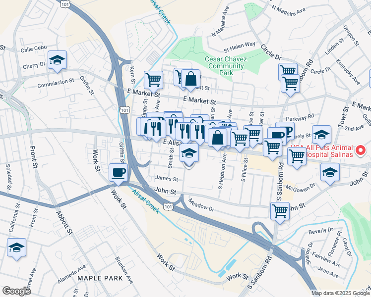 map of restaurants, bars, coffee shops, grocery stores, and more near 3 South Wood Street in Salinas