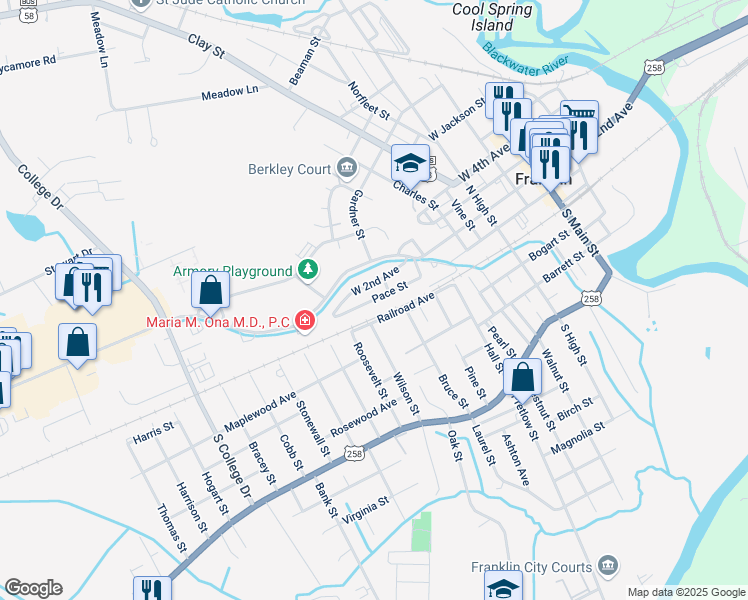 map of restaurants, bars, coffee shops, grocery stores, and more near 714 Pace Street in Franklin