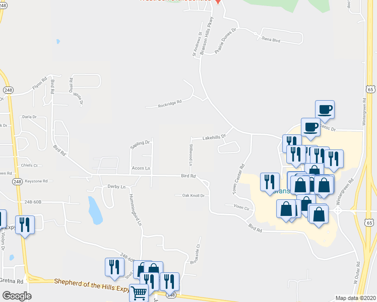 map of restaurants, bars, coffee shops, grocery stores, and more near 229 Stillwood Lane in Branson