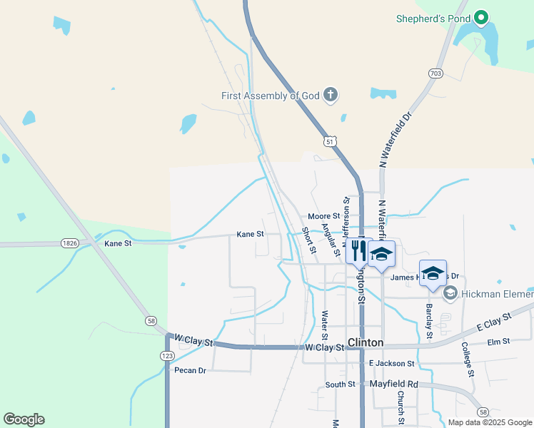 map of restaurants, bars, coffee shops, grocery stores, and more near 406 Webb Street in Clinton