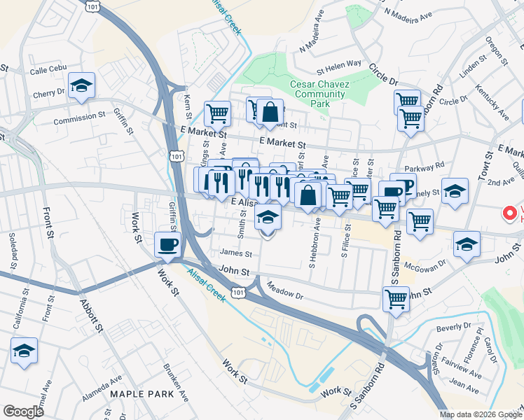map of restaurants, bars, coffee shops, grocery stores, and more near 606 East Alisal Street in Salinas