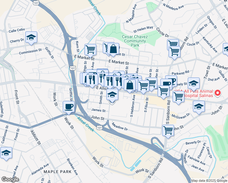 map of restaurants, bars, coffee shops, grocery stores, and more near 606 East Alisal Street in Salinas