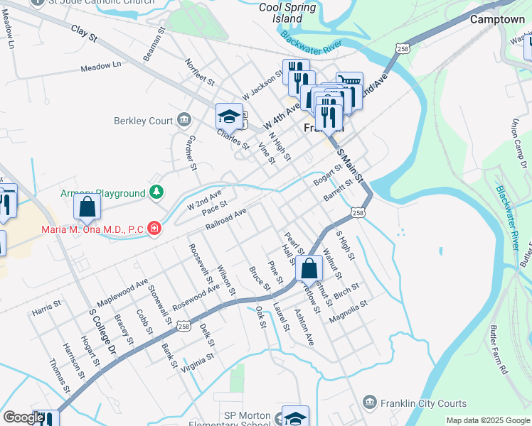 map of restaurants, bars, coffee shops, grocery stores, and more near 207 Hall St in Franklin