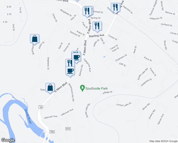 map of restaurants, bars, coffee shops, grocery stores, and more near 1118 Oakgrove Avenue in Martinsville