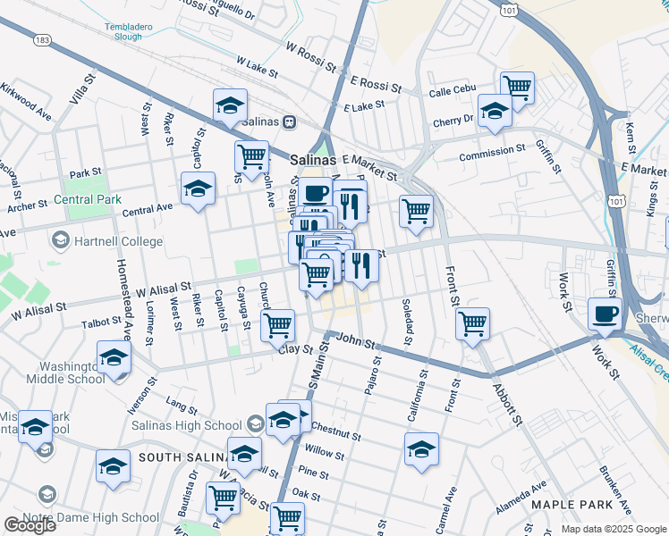 map of restaurants, bars, coffee shops, grocery stores, and more near 307 Main Street in Salinas