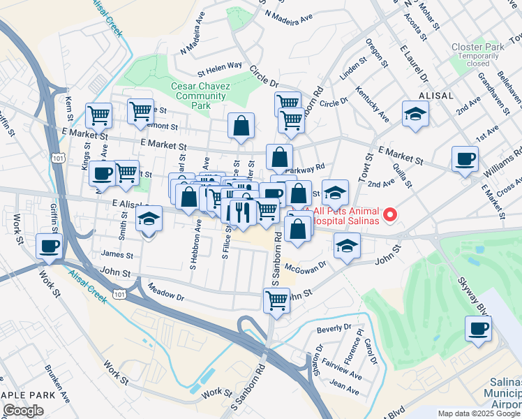 map of restaurants, bars, coffee shops, grocery stores, and more near 10 Holaday Avenue in Salinas