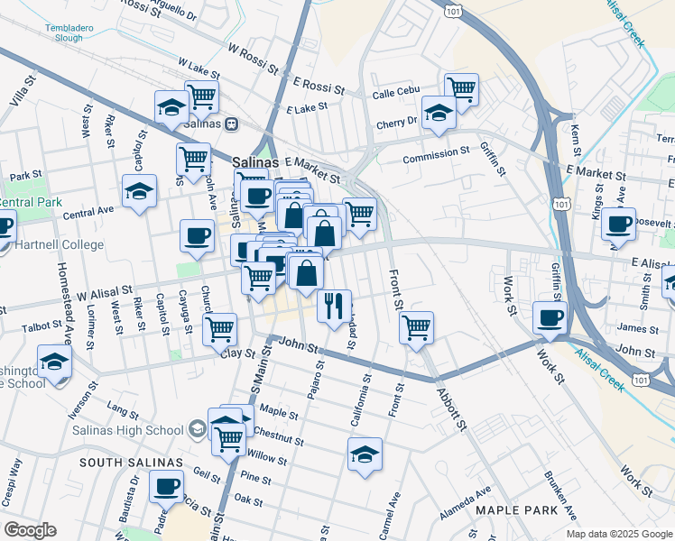 map of restaurants, bars, coffee shops, grocery stores, and more near 318 Soledad Street in Salinas