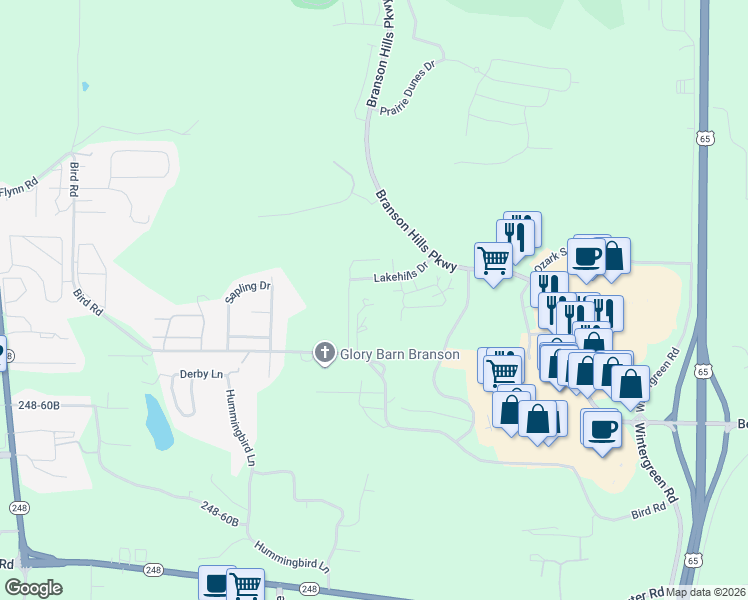 map of restaurants, bars, coffee shops, grocery stores, and more near 1194 Bird Road in Branson