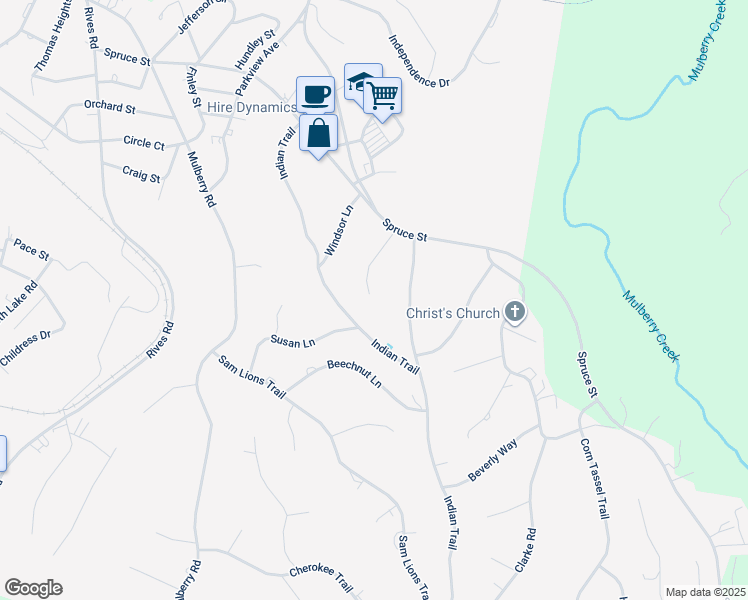 map of restaurants, bars, coffee shops, grocery stores, and more near 727 Auburn Place in Martinsville