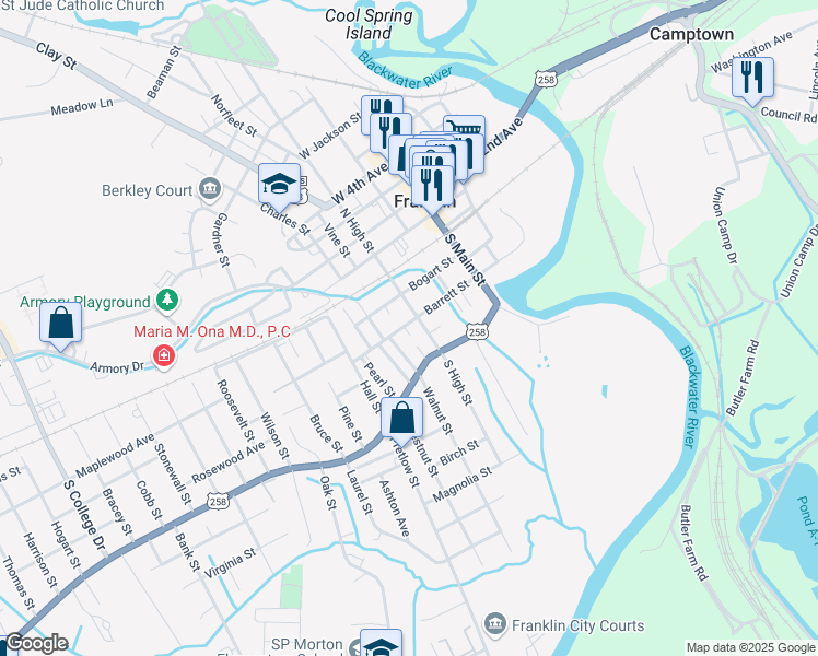 map of restaurants, bars, coffee shops, grocery stores, and more near 303 Barrett Street in Franklin