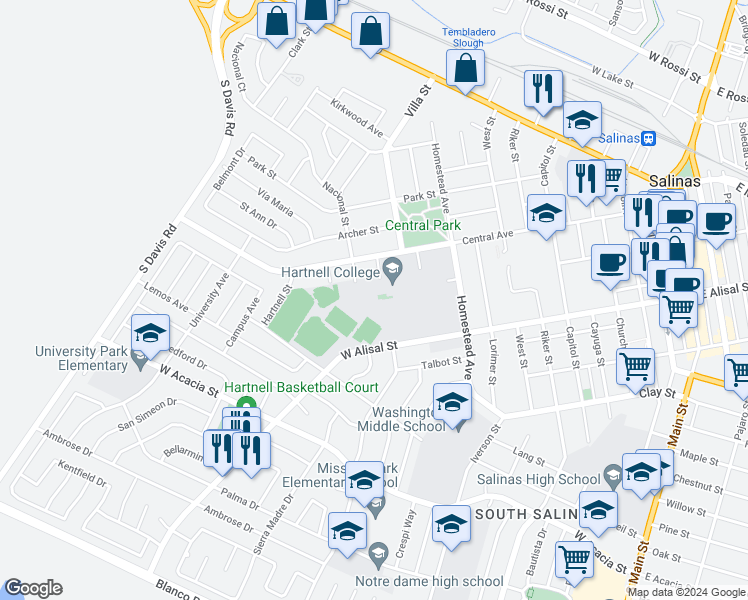 map of restaurants, bars, coffee shops, grocery stores, and more near 411 Central Avenue in Salinas