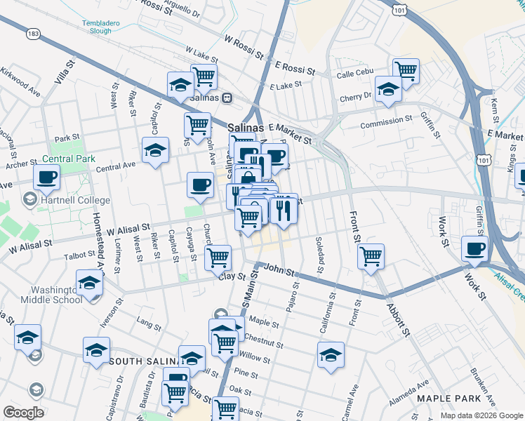 map of restaurants, bars, coffee shops, grocery stores, and more near 301 Main Street in Salinas