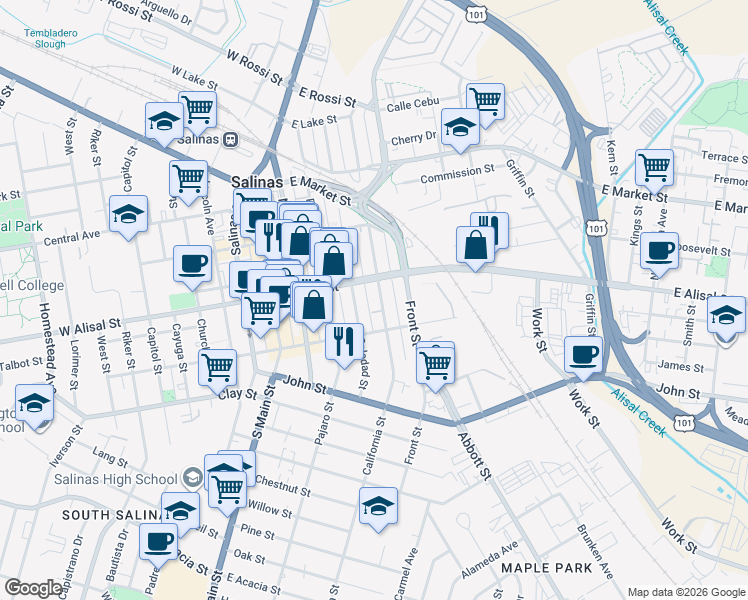 map of restaurants, bars, coffee shops, grocery stores, and more near 318 California Street in Salinas