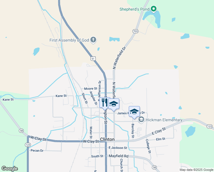 map of restaurants, bars, coffee shops, grocery stores, and more near 502 North Washington Street in Clinton