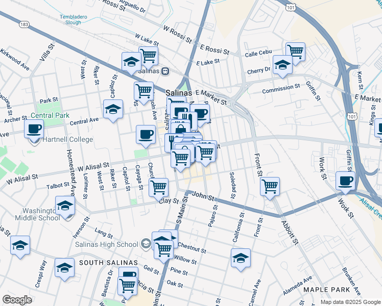 map of restaurants, bars, coffee shops, grocery stores, and more near 307 Main Street in Salinas