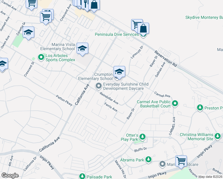 map of restaurants, bars, coffee shops, grocery stores, and more near 3057 Sunrise Circle in Marina