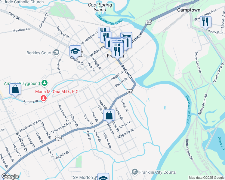 map of restaurants, bars, coffee shops, grocery stores, and more near 303 Barrett Street in Franklin