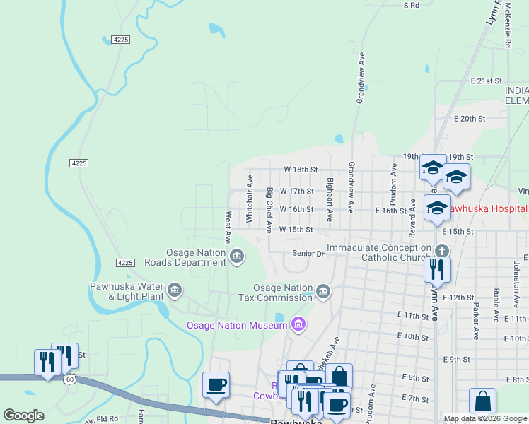 map of restaurants, bars, coffee shops, grocery stores, and more near 1517 Bigchief Avenue in Pawhuska