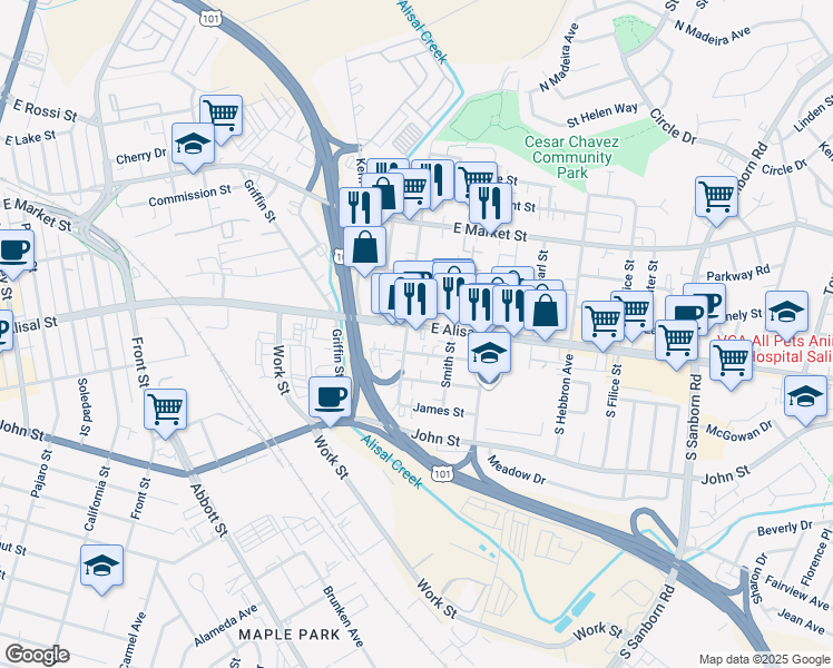 map of restaurants, bars, coffee shops, grocery stores, and more near 504 East Alisal Street in Salinas