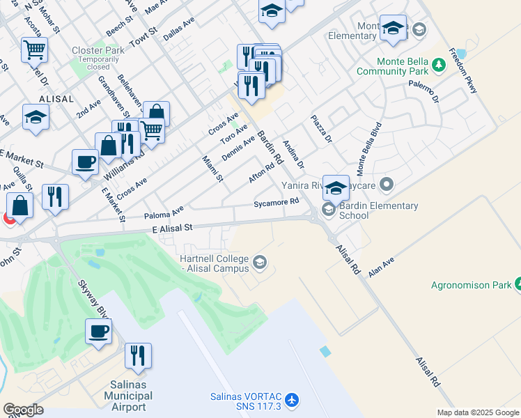 map of restaurants, bars, coffee shops, grocery stores, and more near 1735 East Alisal Street in Salinas