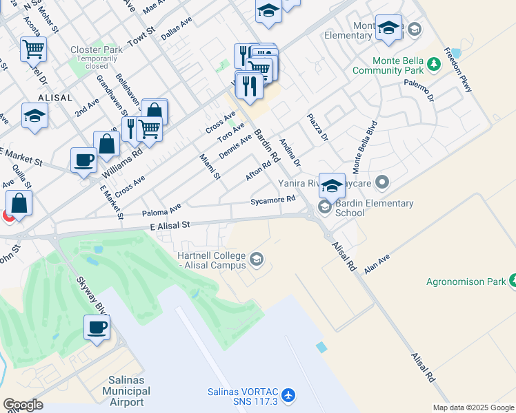 map of restaurants, bars, coffee shops, grocery stores, and more near 1735 East Alisal Street in Salinas