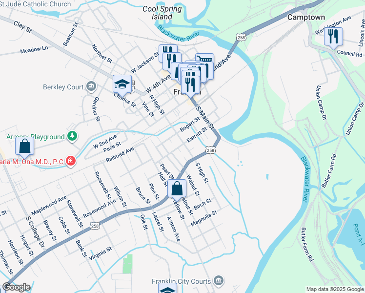 map of restaurants, bars, coffee shops, grocery stores, and more near 303 Barrett Street in Franklin