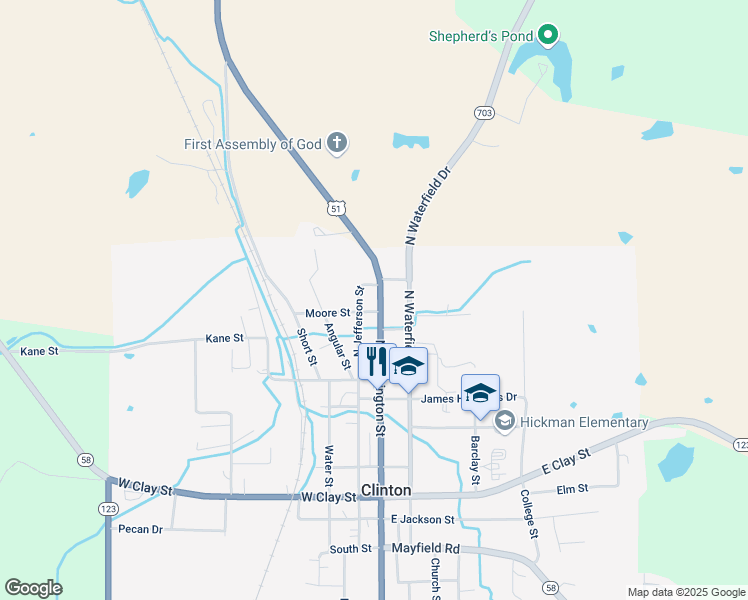 map of restaurants, bars, coffee shops, grocery stores, and more near 502 North Washington Street in Clinton