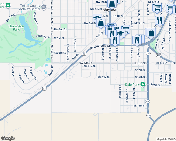 map of restaurants, bars, coffee shops, grocery stores, and more near 318 Southwest 7th Street in Guymon