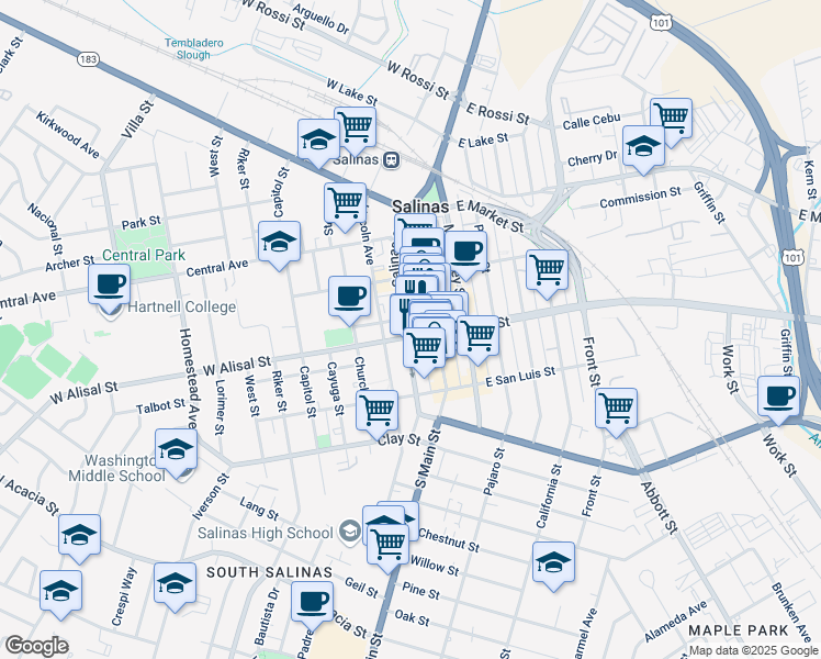 map of restaurants, bars, coffee shops, grocery stores, and more near 311 Salinas Street in Salinas