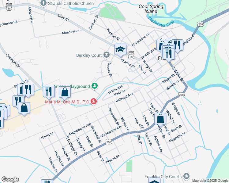 map of restaurants, bars, coffee shops, grocery stores, and more near 714 Pace Street in Franklin