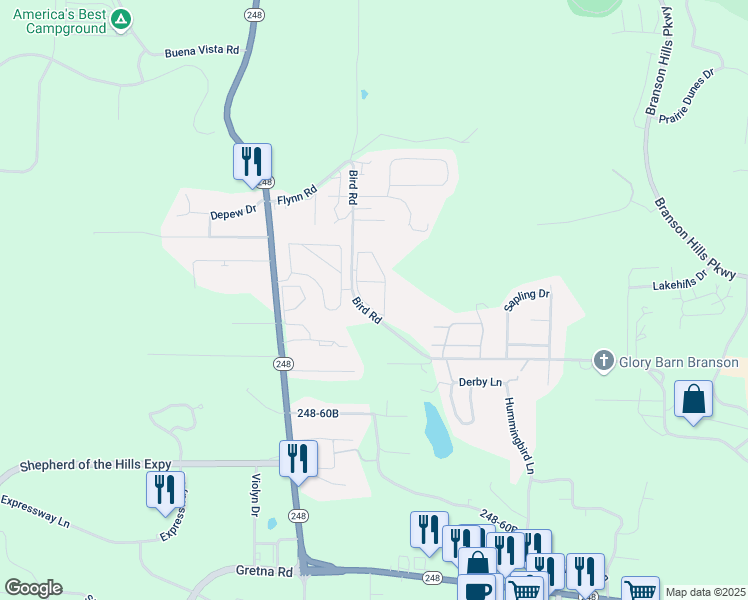 map of restaurants, bars, coffee shops, grocery stores, and more near 1800-1998 Bird Rd in Branson