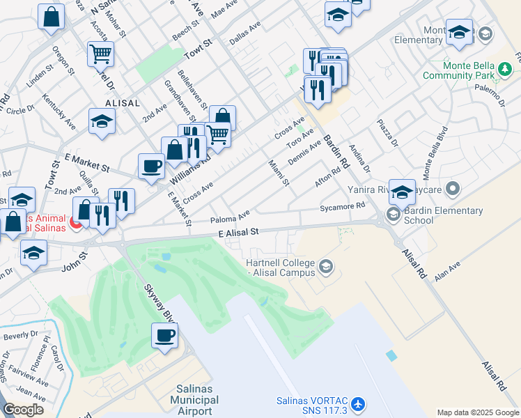 map of restaurants, bars, coffee shops, grocery stores, and more near 230 Paloma Avenue in Salinas