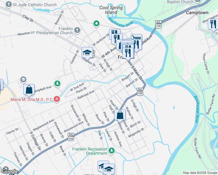 map of restaurants, bars, coffee shops, grocery stores, and more near 400 Barrett Street in Franklin