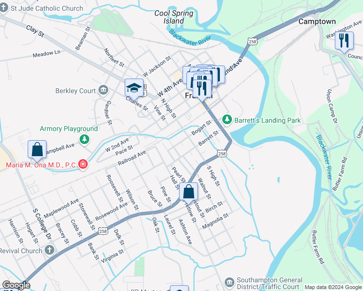 map of restaurants, bars, coffee shops, grocery stores, and more near 400 Barrett Street in Franklin