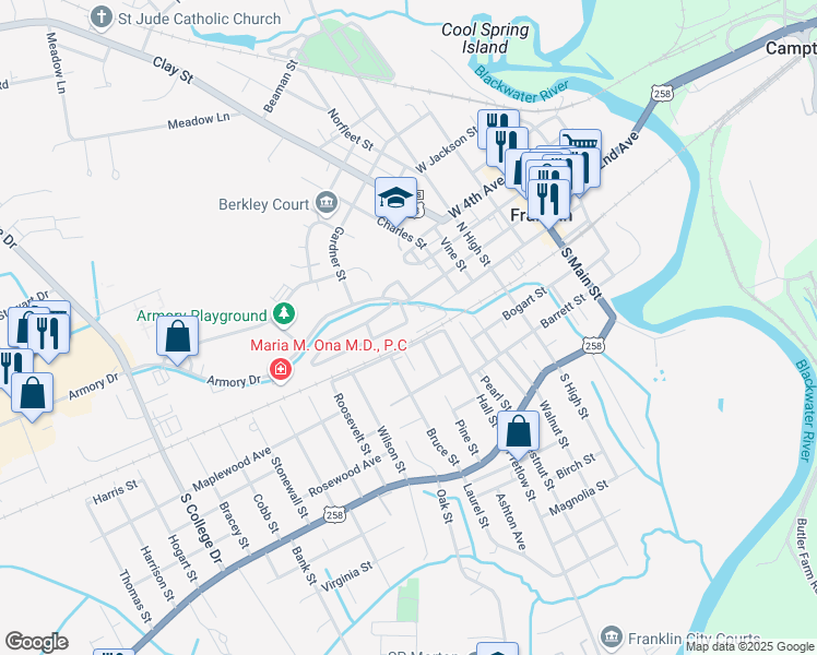 map of restaurants, bars, coffee shops, grocery stores, and more near 601 Pace Street in Franklin