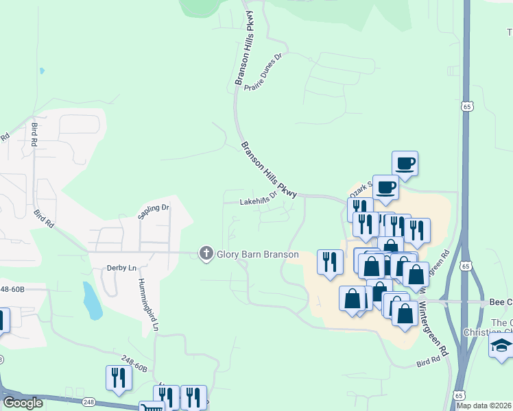 map of restaurants, bars, coffee shops, grocery stores, and more near 1194 Bird Road in Branson